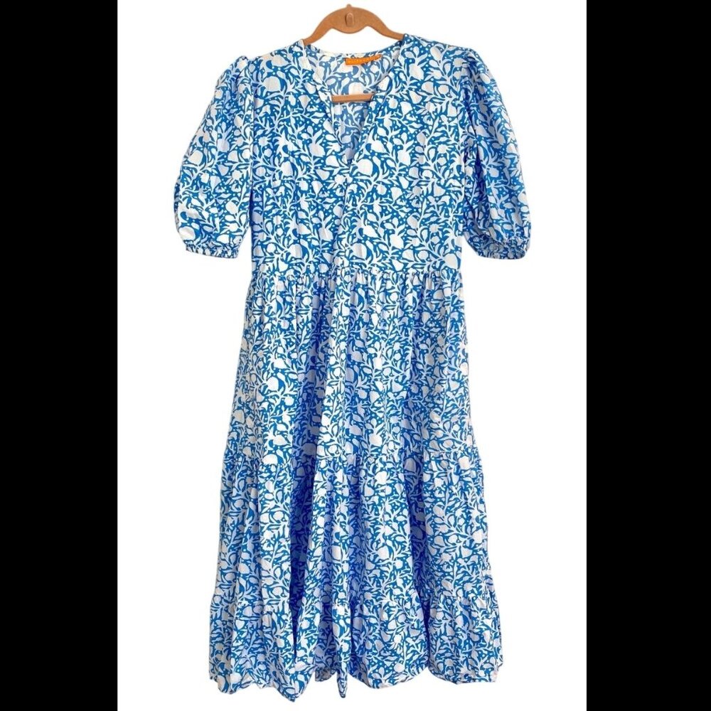 Oliphant Tuckernuck Canary Blue White Midi Maxi V-Neck Puff Sleeve Dress XXSmall